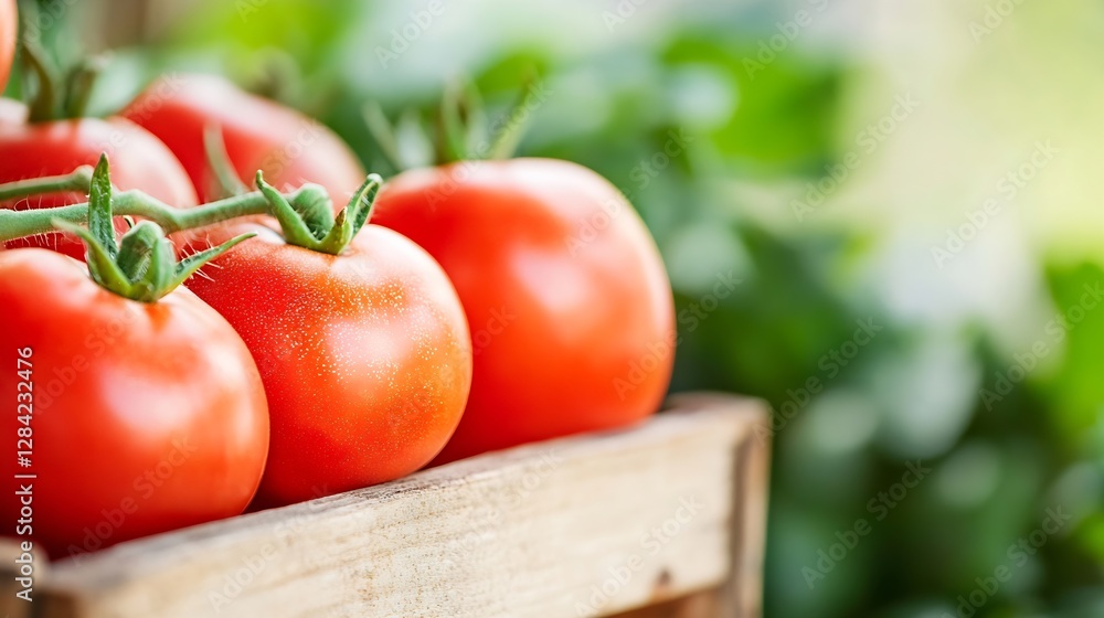Aufkleber fresh red tomatoes displayed in a wooden crate surrounded by healthy green foliage in a garden : gen