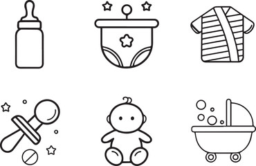 Baby care elements are editable stroke line art icons in a vector illustration set. Toddler wears and toys outline. Isolated on a white background