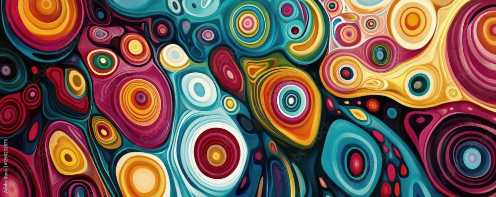 Poster colorful abstract geometric pattern with vibrant swirls and circles in modern design