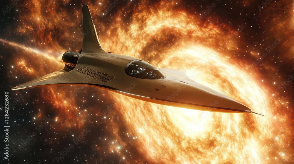 Aufkleber spaceship navigating a fiery cosmic nebula