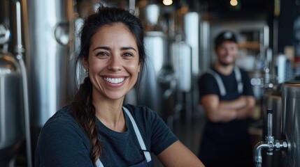 Smiling brewer in brewery, colleague in background
