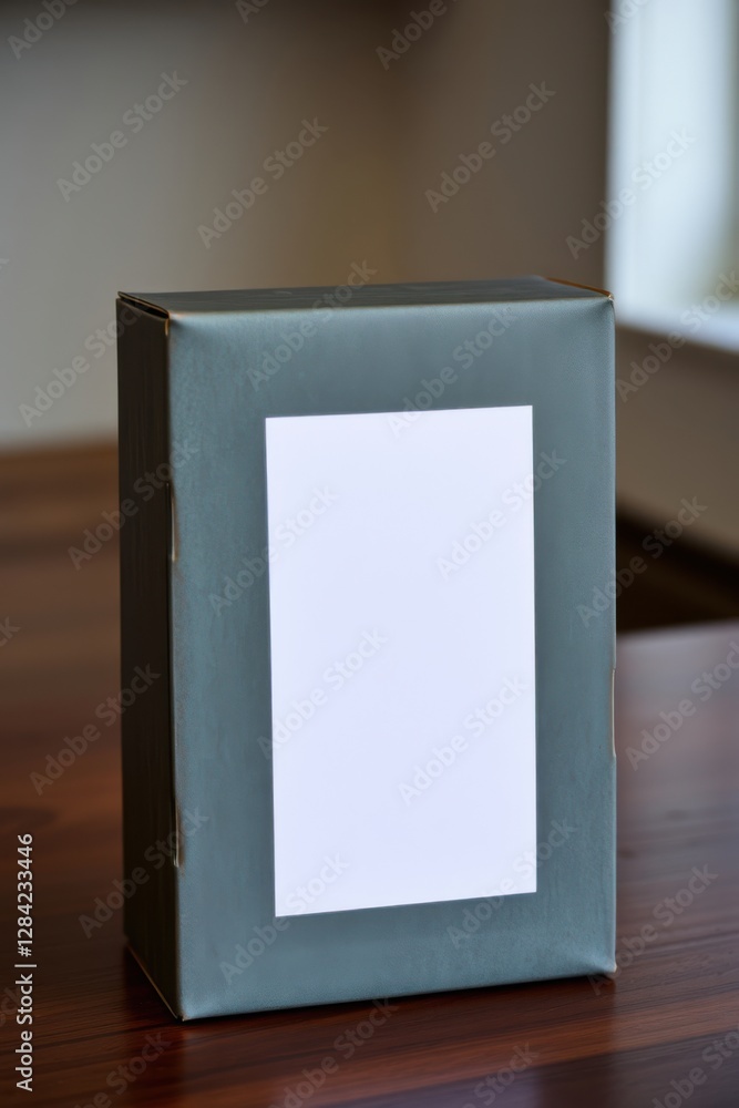 Aufkleber a rectangular box with a blank white label sits on a polished wooden table against a blurred backdro