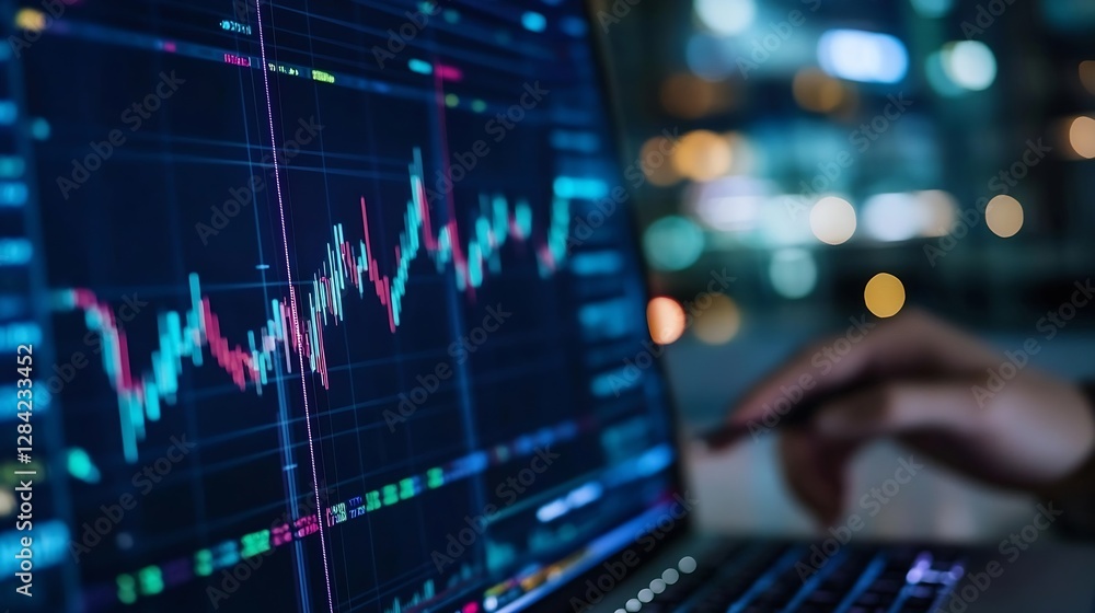 Poster detailed view of stock market trends displayed on laptop screen with colorful graphs and data visual