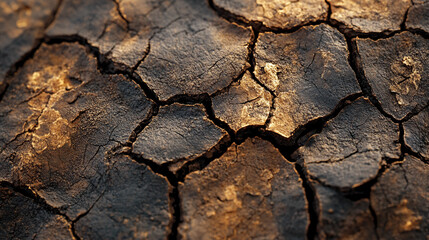 Close-up view of cracked dry soil with deep fissures, showcasing the effects of drought, heat, and the natural phenomenon of earth's surface drying and cracking