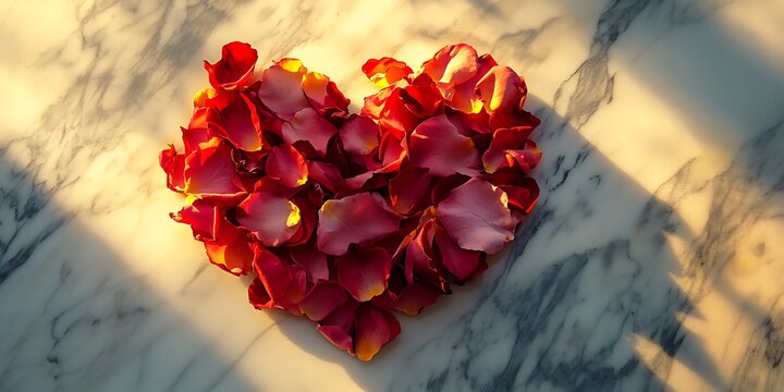 there is a heart shaped arrangement of red and yellow flowers on a marble table