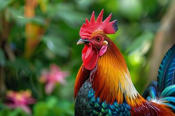Fototapeta premium Rich greenery, vibrant roosters, intricately colored feathers, and a magnificent farm bird in its natural habitat, Generative AI.