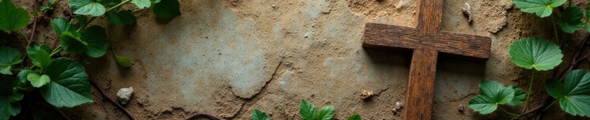 Wooden cross placed atop a worn stone surface with vines, rustic_d?cor, ancient_artifacts