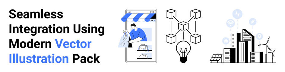 Smartphone user browsing an online store, blockchain network diagram, lightbulb, cityscape with wind turbines. Ideal for e-commerce, technology, innovation, sustainability, efficiency environment