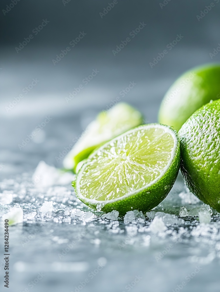 Poster freshly cut limes with vibrant green color and crystal salt on a textured surface : generative ai
