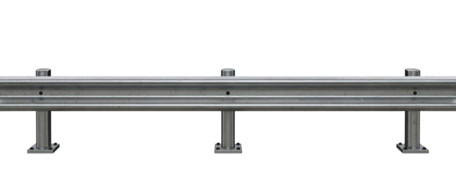 highway safety barrier, metal industrial steel roadside fence, guardrail cut out graphic resource, isolated on white background PNG file