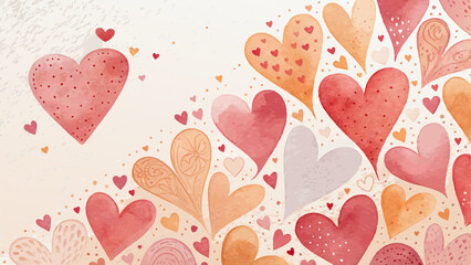 Watercolor heart shapes background with gentle gradients of red, orange, and pink, evoking love and affection, tender and heartwarming, with copy space 