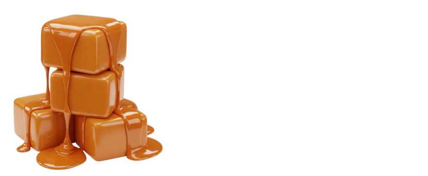 Caramel cubes toffee with dripping caramel from the sides melting isolated on transparent or white background, PNG file graphic resource for ad advertisement - Powered by Adobe