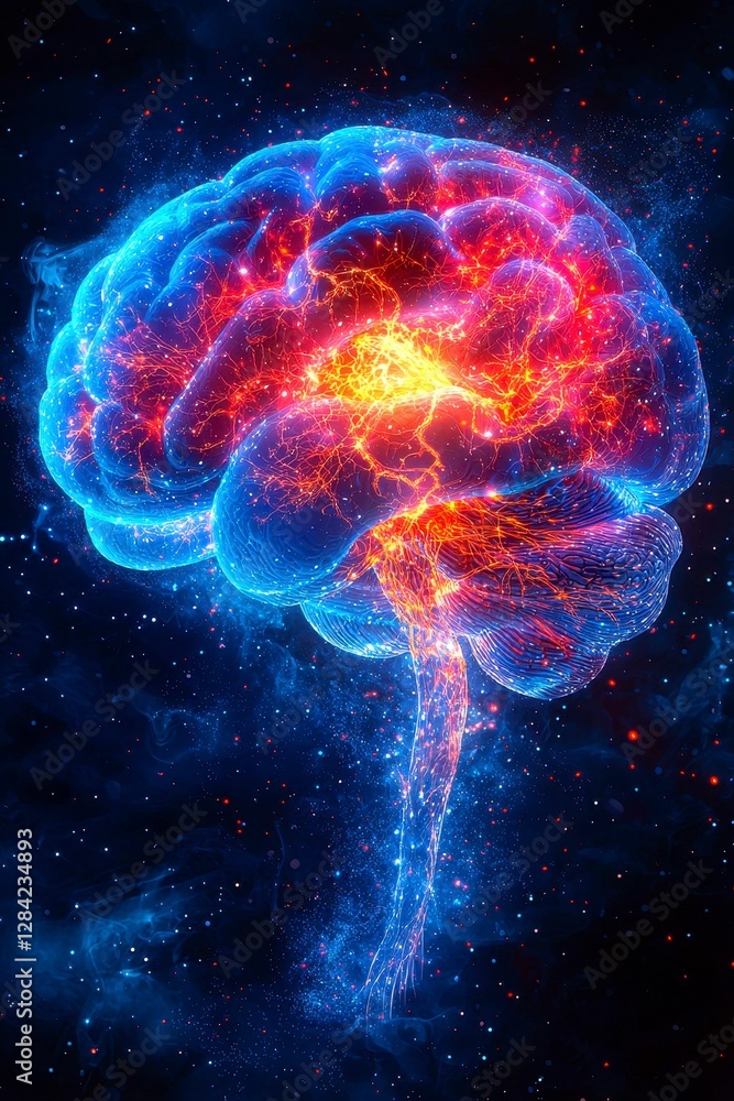 Aufkleber active neural network brain conceptual artwork on dark background with glowing particles and energy