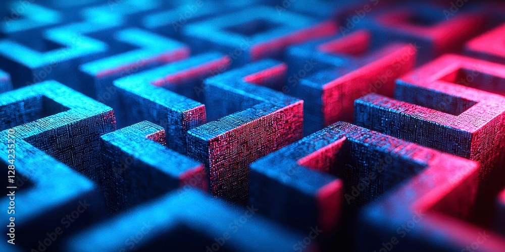 Poster abstract geometric maze design with interlocking structures in blue and red hues