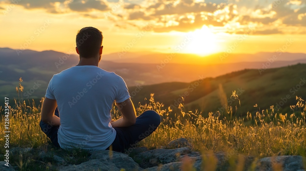 Aufkleber man meditating at sunset with scenic mountain view and warm light : generative ai