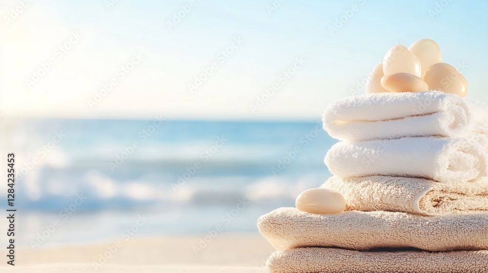 Poster Relaxing beach scene featuring neatly stacked towels and natural stones with sunlight illuminating the coastal backdrop : Generative AI
