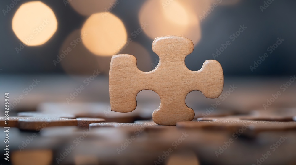 Poster Single wooden puzzle piece placed on a table with a blurred background representing connection and challenge : Generative AI