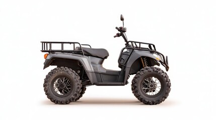 Heavyduty utility quad bike with cargo racks, isolated, designed for rough work terrain