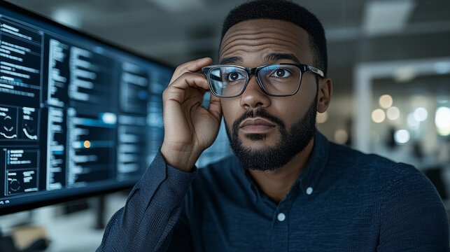 focused man wearing glasses looks thoughtfully at computer screen displaying code and data. atmosphere is modern and tech oriented, reflecting professional environment