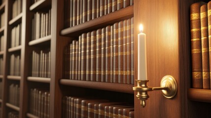 Candlelit library with wooden shelves filled with book, creating a warm and inviting atmosphere
