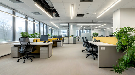 Modern Empty Office Interior With Desks Chairs and Plants Under Bright Daylight
