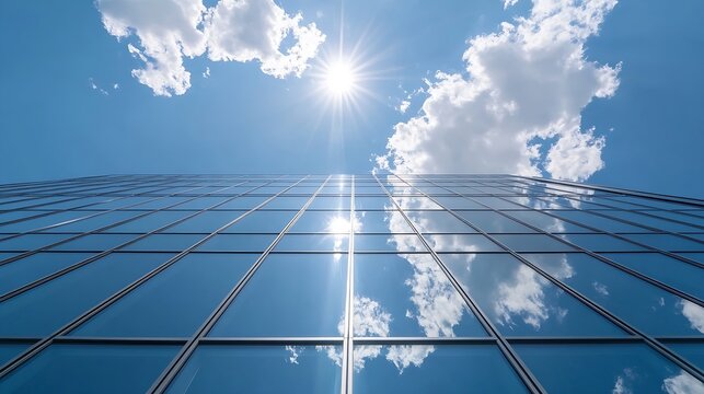 Stunning view of modern skyscraper reflecting sunlight against a blue sky with clouds : Generative AI