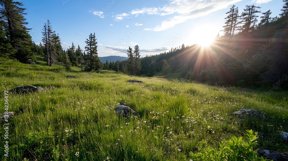 Poster sunlight pouring through the trees illuminating a lush green meadow filled with wildflowers and tran