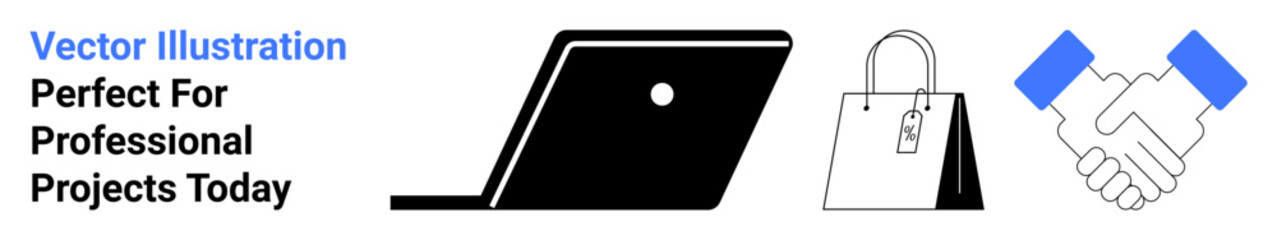 Laptop for digital work, shopping bag for retail, handshake signifying partnership. Ideal for e-commerce, teamwork, professional growth, digital marketing, retail strategy, networking abstract line