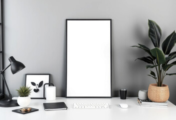 Decoración moderna oscura en un espacio de trabajo minimalista con una maqueta vertical de póster en blanco
