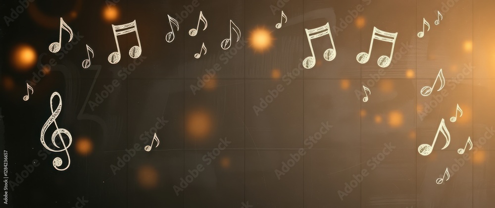 Poster musical notes float against a textured backdrop, creating a whimsical, artistic composition.