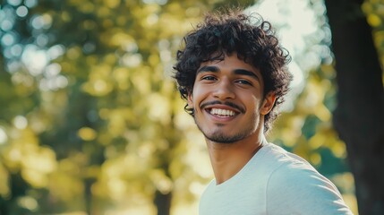 A successful hispanic man radiates happiness as he smiles amidst the beauty of a sunlit park. The greenery and bright atmosphere enhance his cheerful demeanor, making the moment uplifting