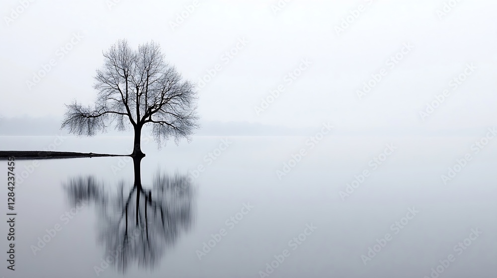Poster Lonely tree reflected in still water surrounded by misty atmosphere creating tranquil scenery : Generative AI