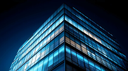 Abstract Blue Glass Facade Building Corner Illuminated Against Dark Blue Sky