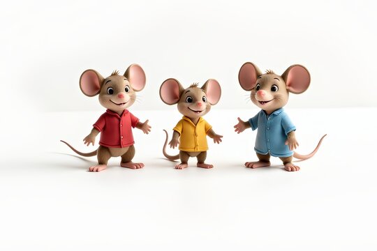 Three cheerful cartoon mice family pose together in colorful shirts, showcasing their playful personality and charm. Concept features cartoon mouse family in vibrant and lively setting.