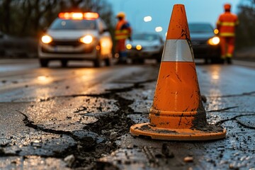 An orange traffic cone stands on a cracked road, illuminated by flashing lights from emergency vehicles, indicating an ongoing road incident. emergency response
