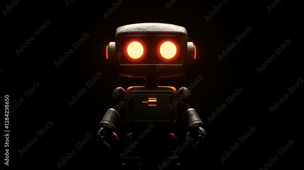 Poster glowing eye robot in dark environment with retro design features