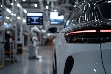 A groundbreaking scene where a robotic arm assists in the manufacturing of a futuristic vehicle, indicating the intersection of technology and automotive advancements.