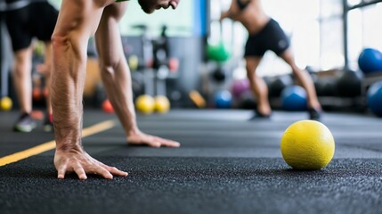 Fototapeta premium Intense workout session focusing on strength training with vibrant fitness equipment in the background : Generative AI
