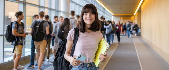 Teenage girl with short brown hair smiling while holding yellow folder and phone, standing in a school hallway with students in the background, symbolizing education and student life. 15 year old girl