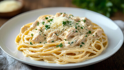 Creamy chicken Alfredo pasta with fresh parsley and Parmesan cheese on a white plate