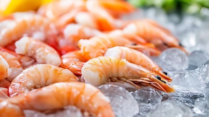 Freshly harvested shrimp on ice ready for seafood market presentation showcasing their natural freshness : Generative AI