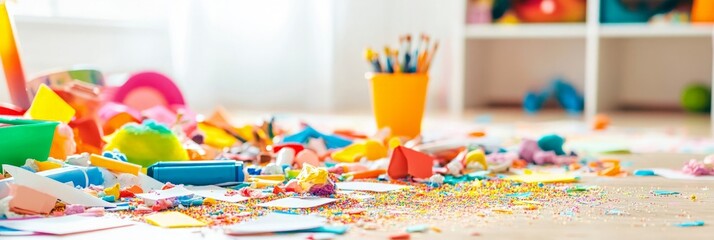 Colorful mess of children's art supplies scattered on the floor creating a vibrant and playful atmosphere in a creative space for kids, artistic expression concept
