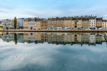 A view along the western shore of the inner harbor  at Cherbourg, France in autumn