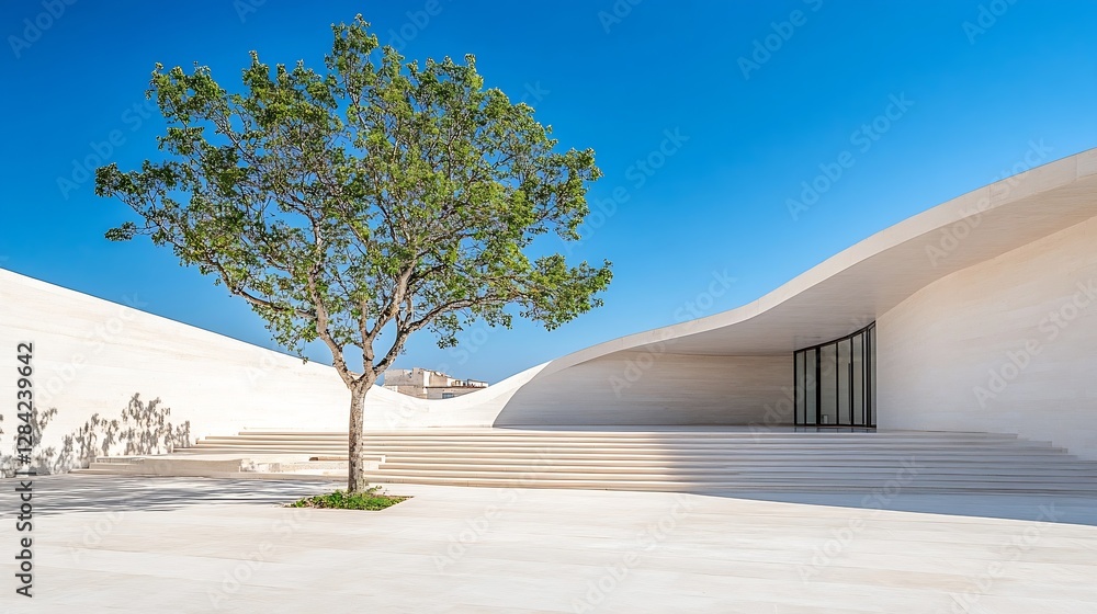 Poster Modern architectural design featuring a tree in front of a sleek building under clear blue sky : Generative AI