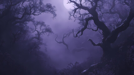 Mysterious deep plum forest misty foggy mountainside ancient twisted tree branches eerie moonlight ambiance whispers of forgotten secrets. Misty Forest of Whispers. Illustration
