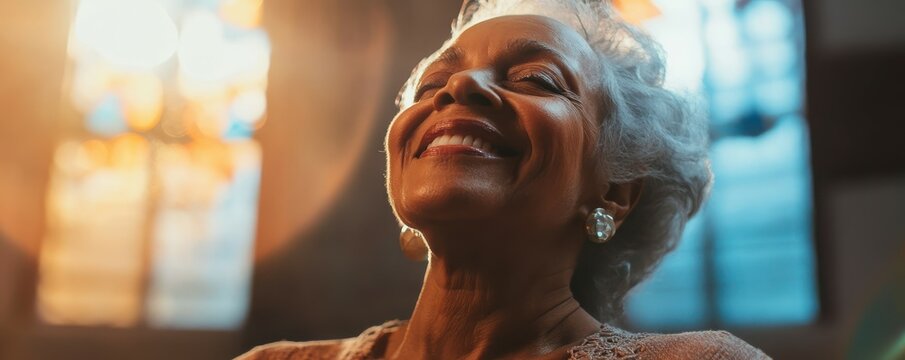 Elderly woman smiling in sunlit church with stained glass windows in background