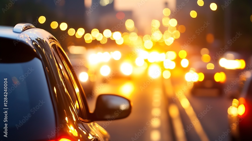 Poster Car in traffic at dusk with blurred city lights creating a vibrant bokeh effect : Generative AI
