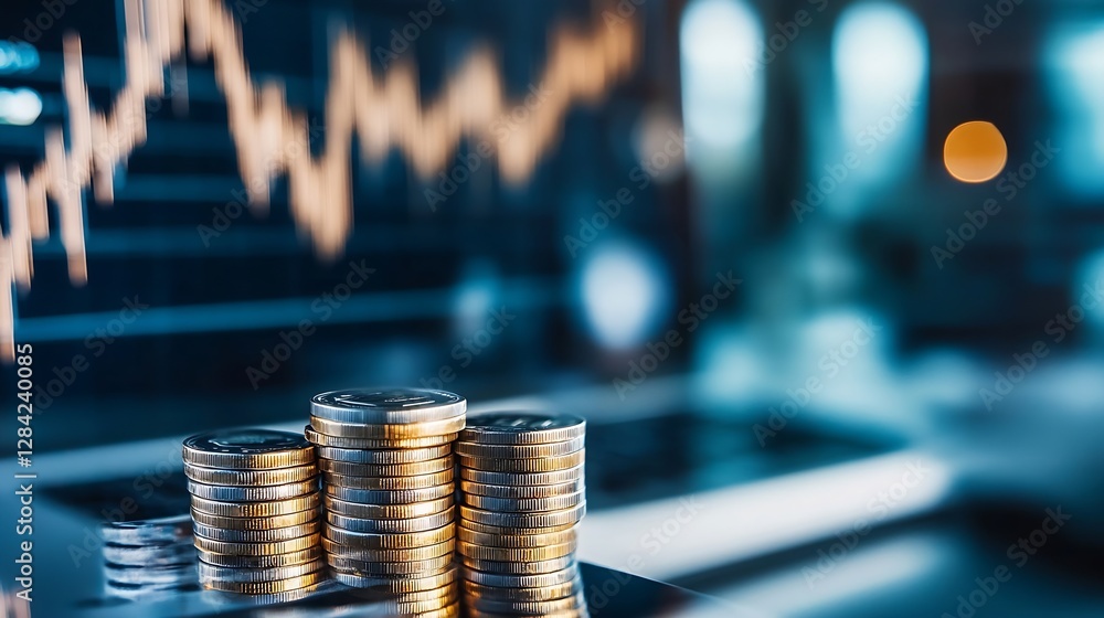 Aufkleber close up of stacked gold coins with market graph background showcasing financial growth and investme