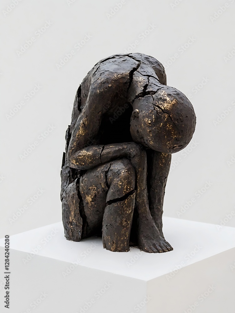 Poster contemporary abstract sculpture depicting a seated figure in a thoughtful pose : generative ai