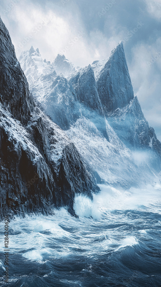Poster snow-covered mountains rising from the ocean, dramatic cliffs reaching towards the sky with waves cr